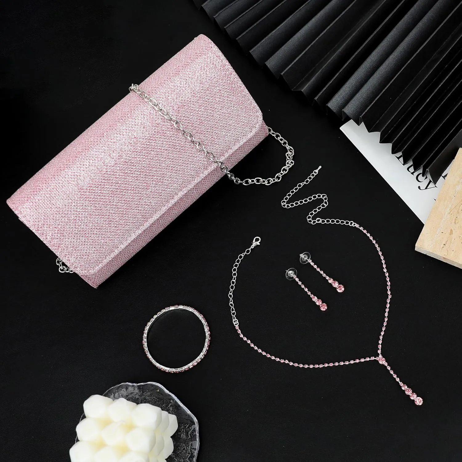Silver Prom Jewelry Set for Women Rhinestone Necklace Dangle Earrings Bracelet Clutch Purse Silver Accessories Bride Bridesmaid Crystal Bridal Jewelry for Wedding Engagement Party Prom Accessories