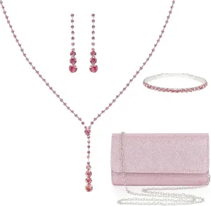 Silver Prom Jewelry Set for Women Rhinestone Necklace Dangle Earrings Bracelet Clutch Purse Silver Accessories Bride Bridesmaid Crystal Bridal Jewelry for Wedding Engagement Party Prom Accessories