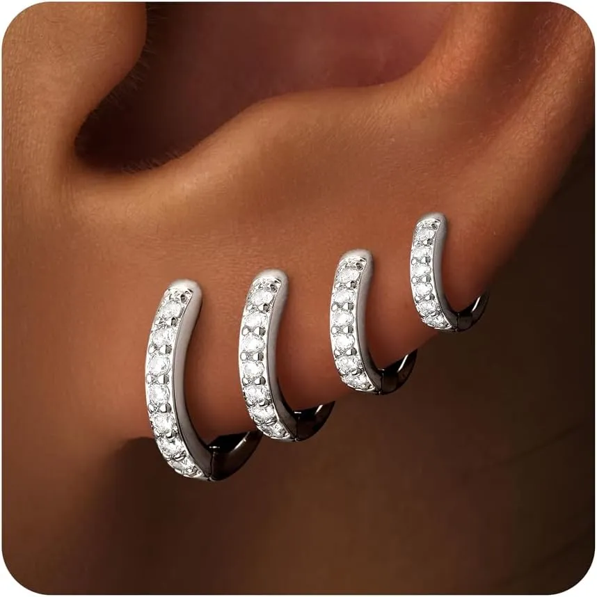 Small Silver Hoop Earrings Set for Women, Dainty Tiny Lightweight Cubic Zirconia Cuff Silver Huggie Earrings Mini Hoops Cartilage Earring Silver Earrings Set for Multiple Piercing Jewelry for Women