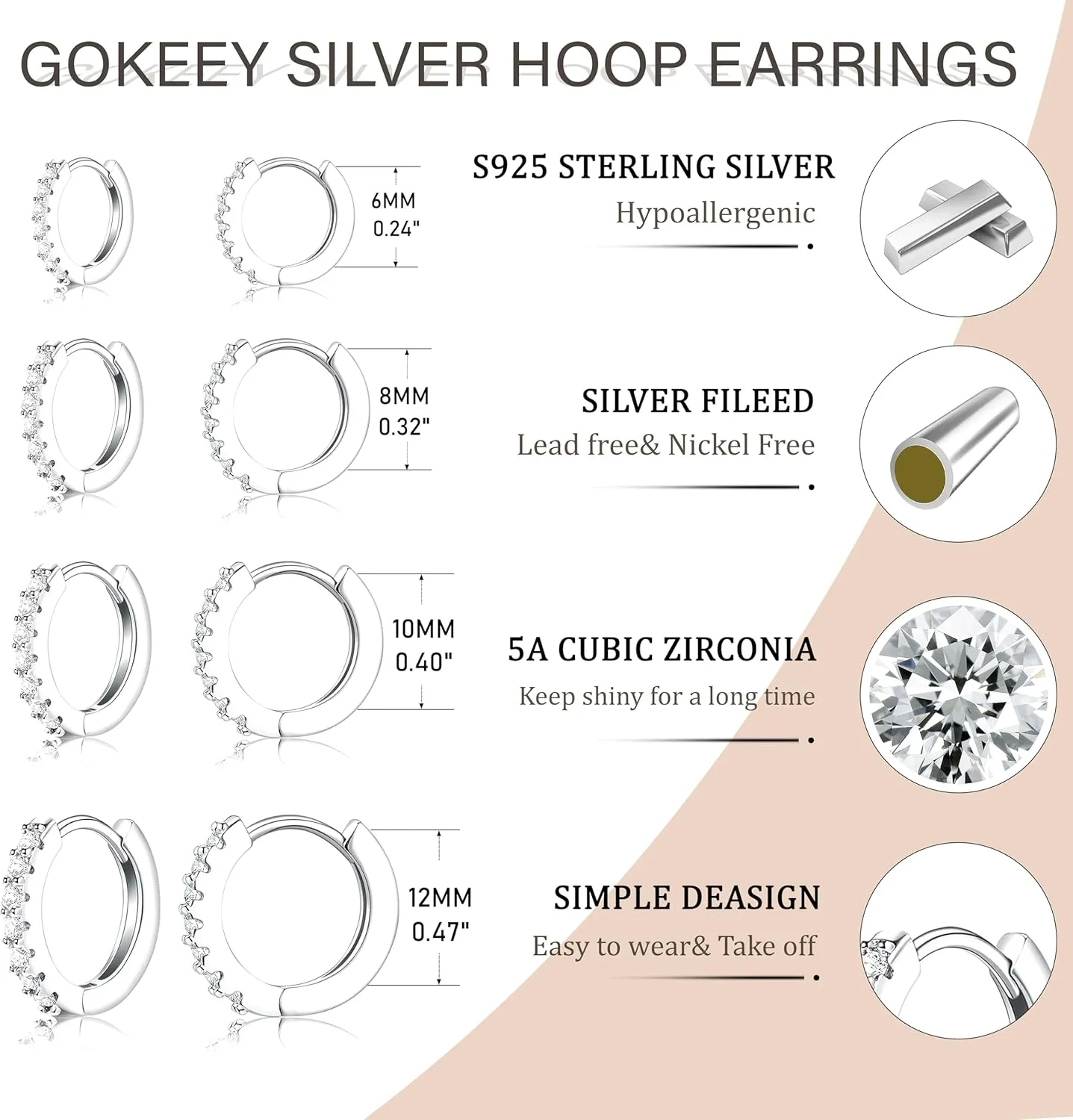 Small Silver Hoop Earrings Set for Women, Dainty Tiny Lightweight Cubic Zirconia Cuff Silver Huggie Earrings Mini Hoops Cartilage Earring Silver Earrings Set for Multiple Piercing Jewelry for Women