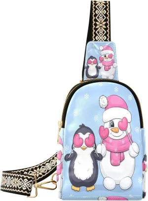 Small Sling Bag Fanny Packs Crossbody Bags for Women Penguin and Snowman Leather Fashion Chest Bag Belt Bag for Women for Travel Sports Running Hiking