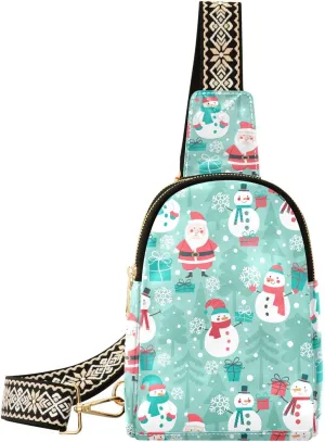 Small Sling Bag Fanny Packs Crossbody Bags for Women Snowman and Santa Claus Leather Fashion Chest Bag Belt Bag for Women for Travel Sports Running Hiking