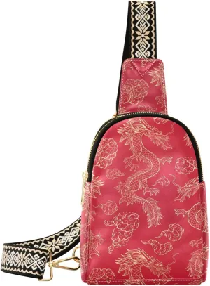 Small Sling Bag for Women Oriental Dragon Flying in Clouds PC Leather Fanny Pack Crossbody Fashion Waist Packs Chest Bag for Travel Sports Running Hiking