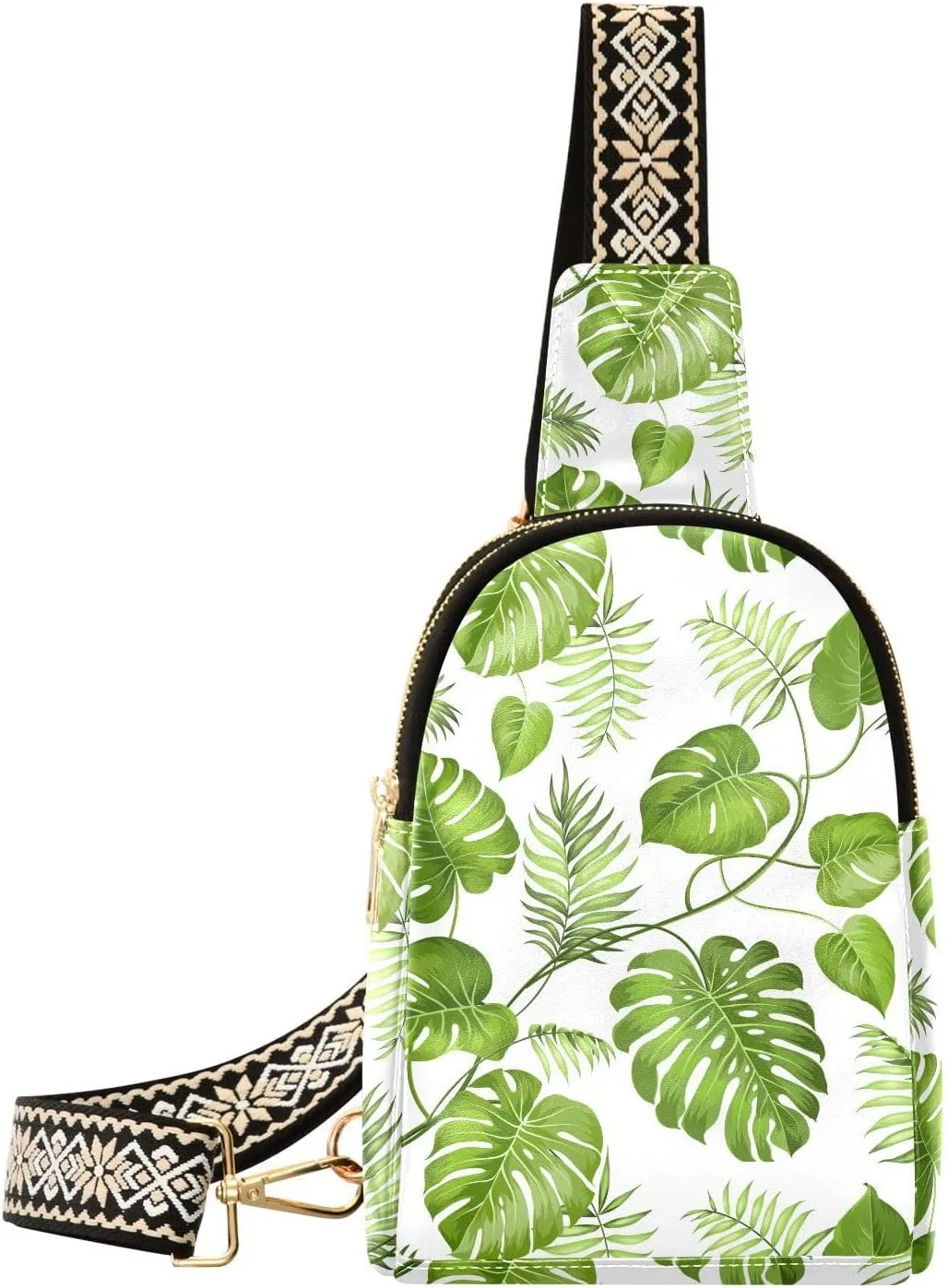 Small Sling Bag for Women Tropical Leaves Watercolor PC Leather Fanny Pack Crossbody Summer Green Fashion Waist Packs Chest Bag for Travel Sports Running Hiking