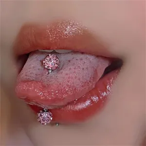 SMDSAZ 2Pc Crystal Zircon Ball Tongue Stud Titanium Steel Piercing Body Jewelry for Women Tongue Ring Lip Stud Nightclub Bar Jewelry (Main Stone Color : Rod Length 14mm, Metal Color : SD74 Pink)
