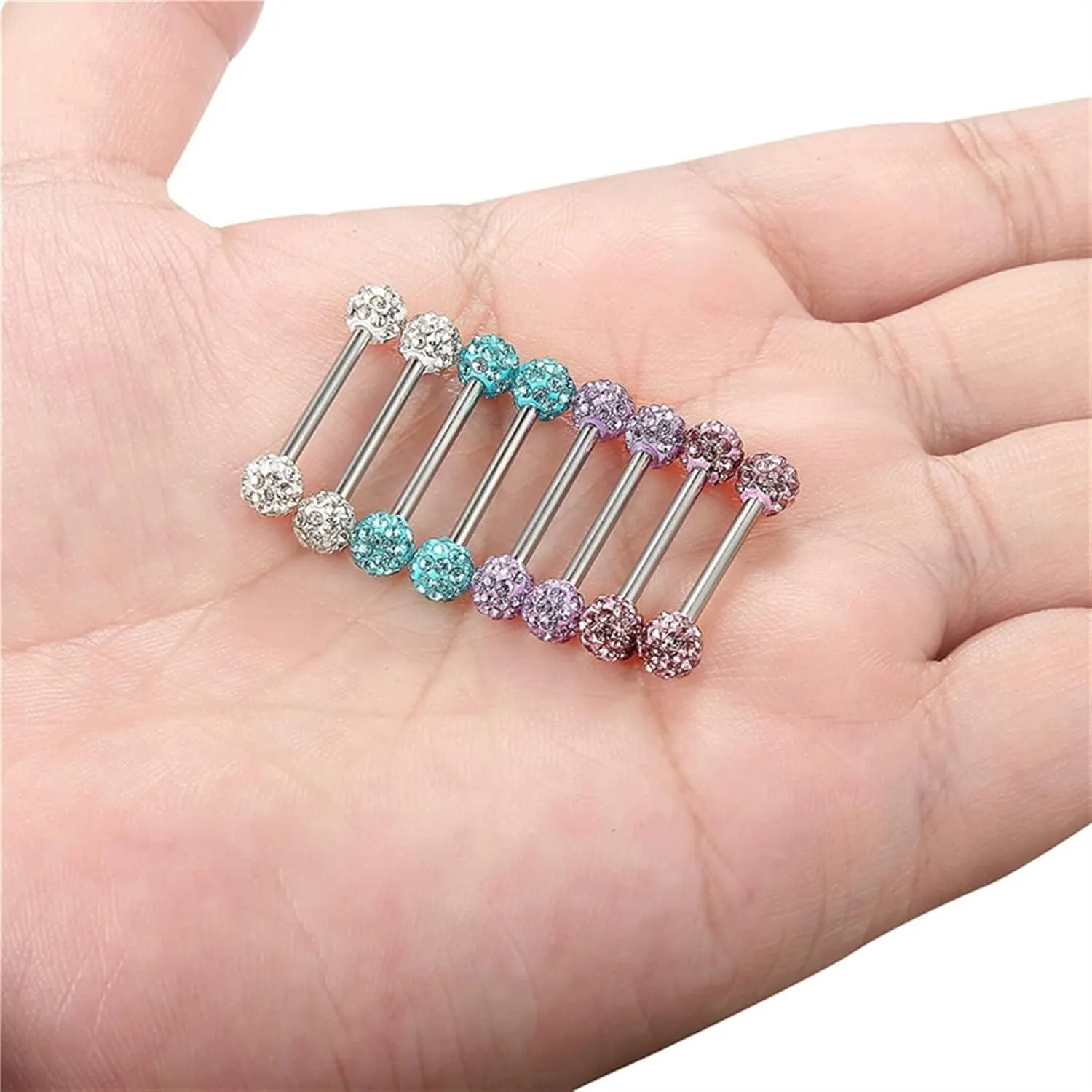 SMDSAZ 2Pc Crystal Zircon Ball Tongue Stud Titanium Steel Piercing Body Jewelry for Women Tongue Ring Lip Stud Nightclub Bar Jewelry (Main Stone Color : Rod Length 14mm, Metal Color : SD74 Pink)