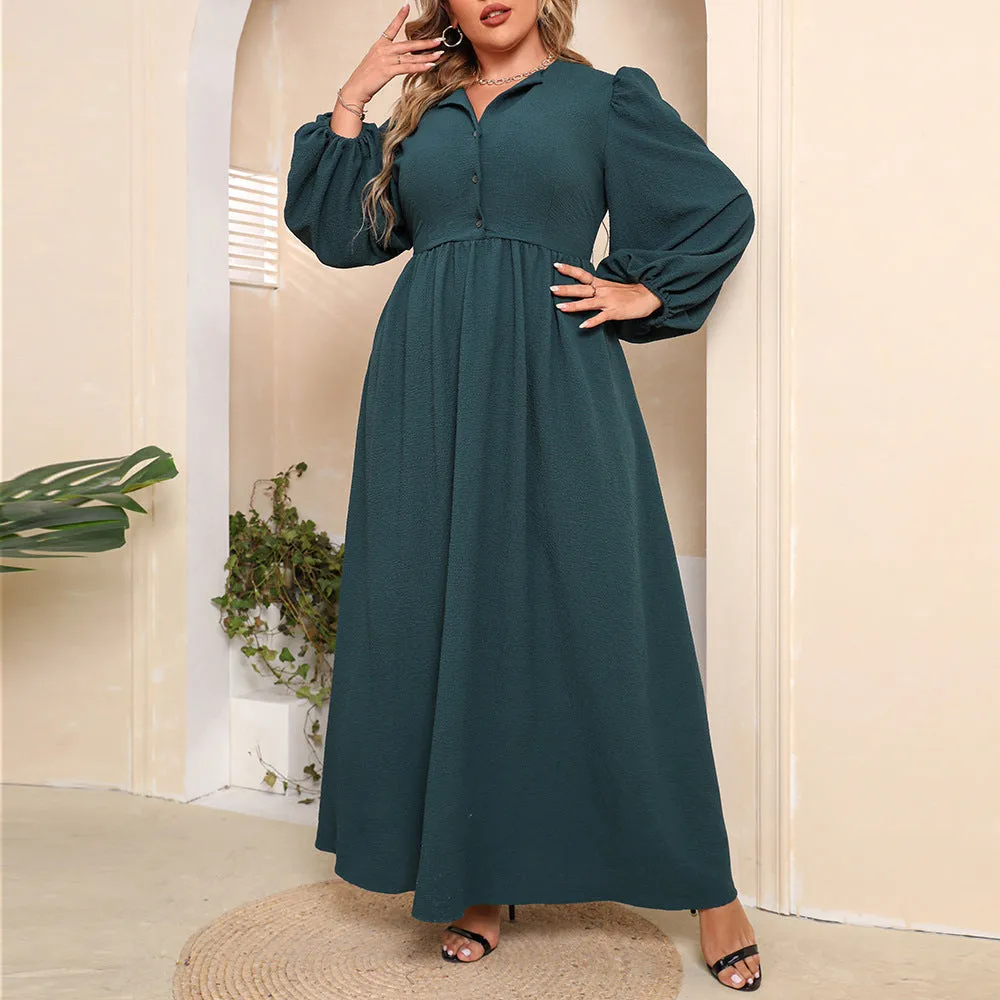 Solid Color Long-Sleeve Lapel Single-Breasted Oversized Dress