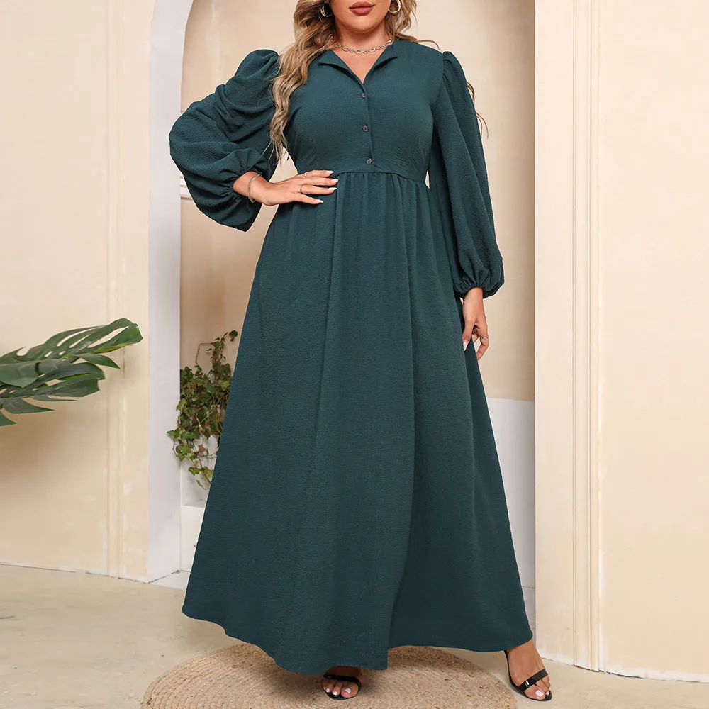 Solid Color Long-Sleeve Lapel Single-Breasted Oversized Dress