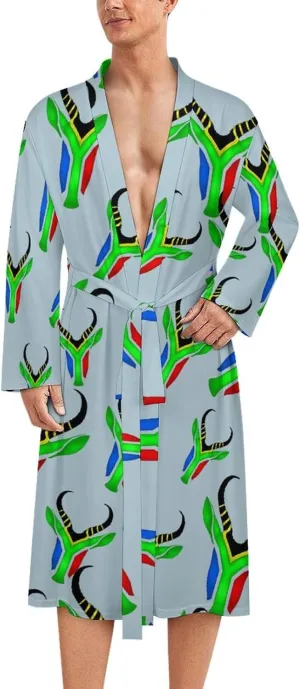 South African Flag Sprinbok Men's Bathrobes Lightweight Knee Long Nightgown Soft Spa Loungewear Bathroom Accessories