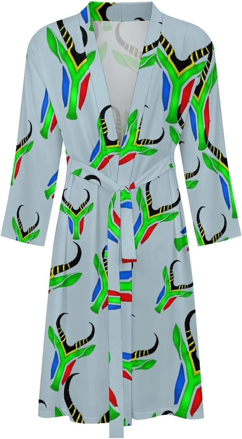 South African Flag Sprinbok Men's Bathrobes Lightweight Knee Long Nightgown Soft Spa Loungewear Bathroom Accessories