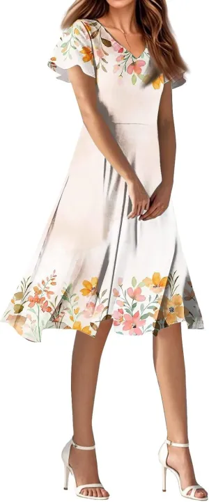 Spring Dresses for Women 2025 Casual Flowy Wedding Dress Ruffle Short Sleeve Floral Dresses Midi Chiffon Dress
