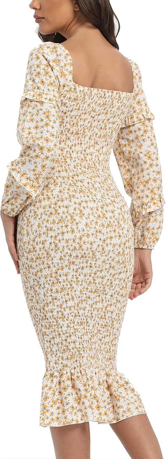 Spring Long Puff Sleeve Maternity Dress Floral Ruffle Hem Mermaid Baby Shower/Photoshoot Dress