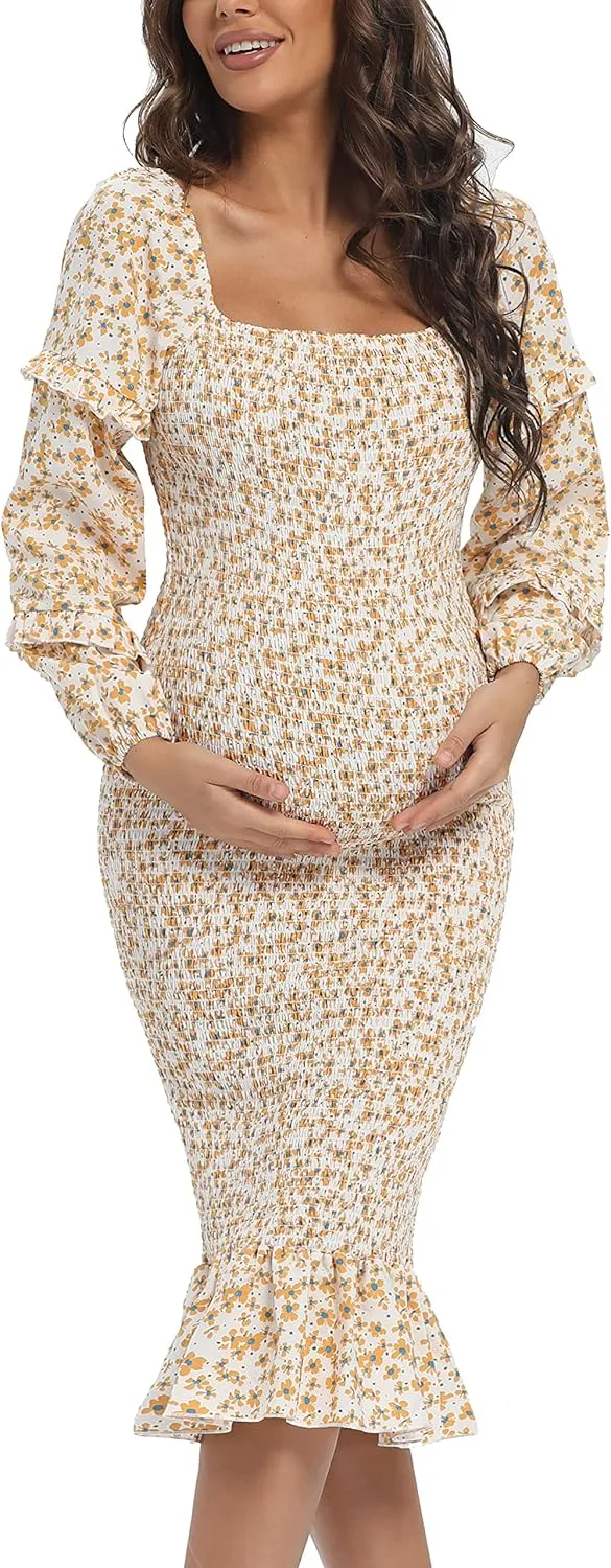 Spring Long Puff Sleeve Maternity Dress Floral Ruffle Hem Mermaid Baby Shower/Photoshoot Dress