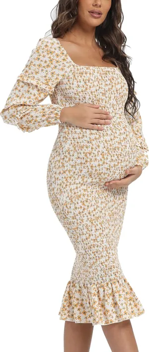 Spring Long Puff Sleeve Maternity Dress Floral Ruffle Hem Mermaid Baby Shower/Photoshoot Dress
