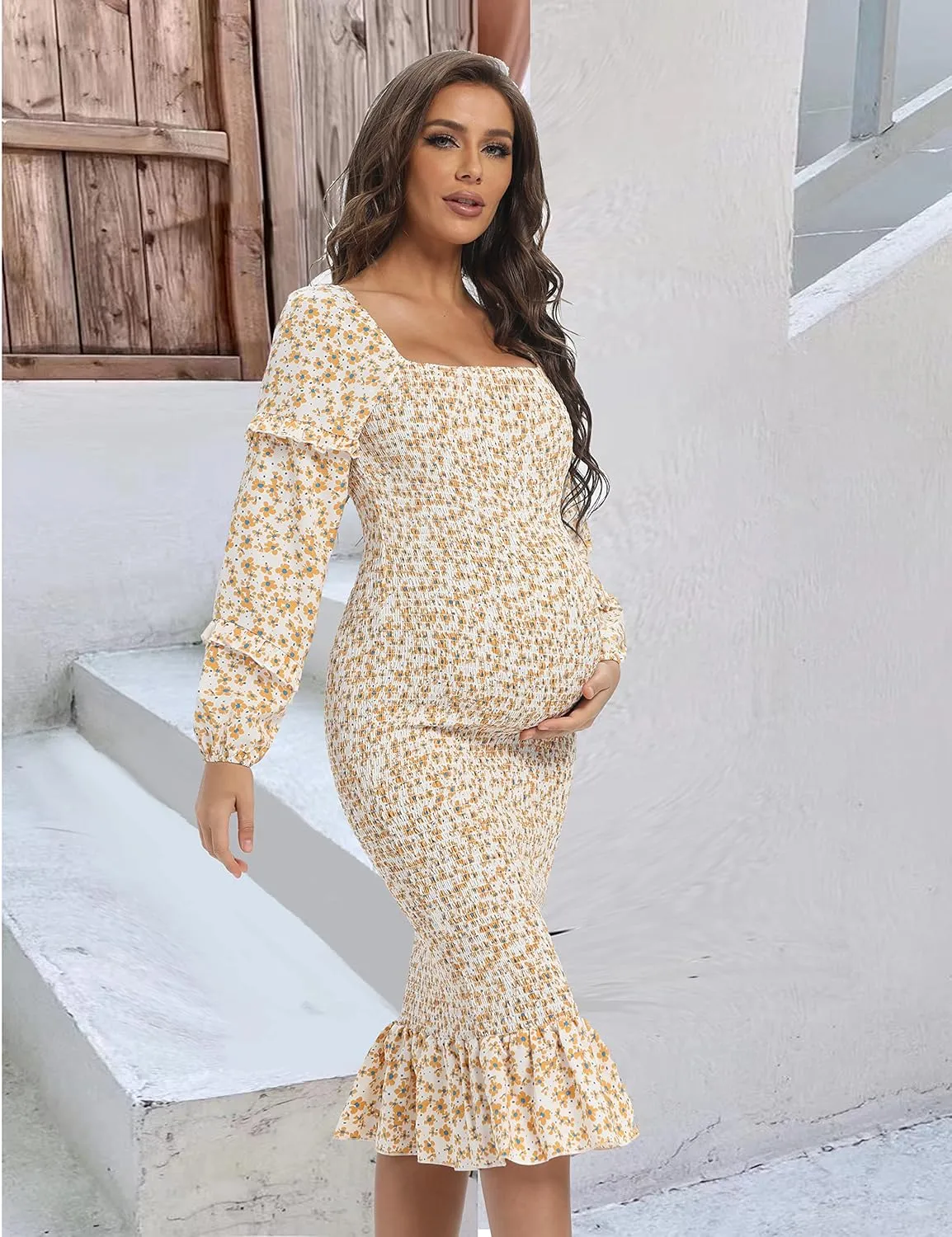 Spring Long Puff Sleeve Maternity Dress Floral Ruffle Hem Mermaid Baby Shower/Photoshoot Dress