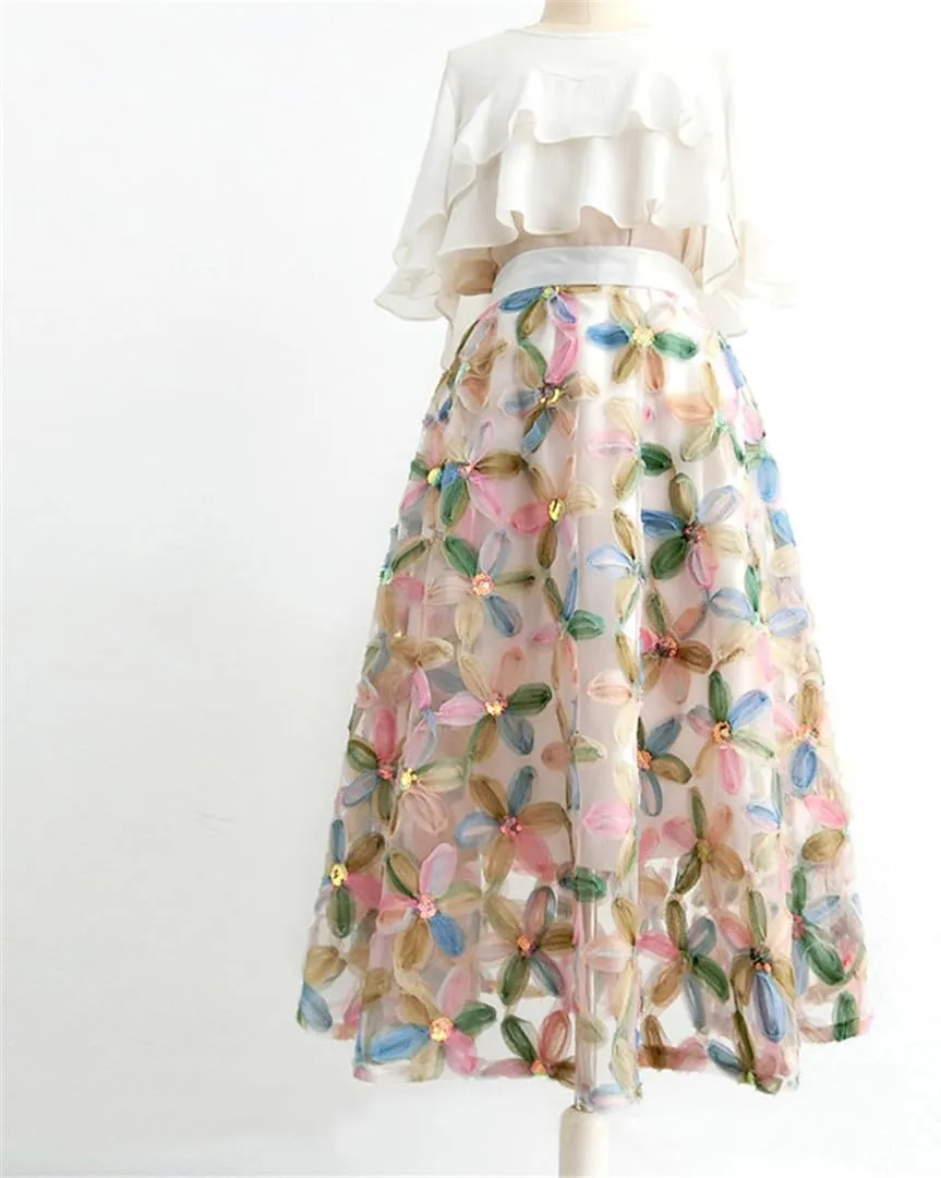 Spring Summer Fashion Vintage Elegant Female High Waisted Pleated Midi Tulle Skirt