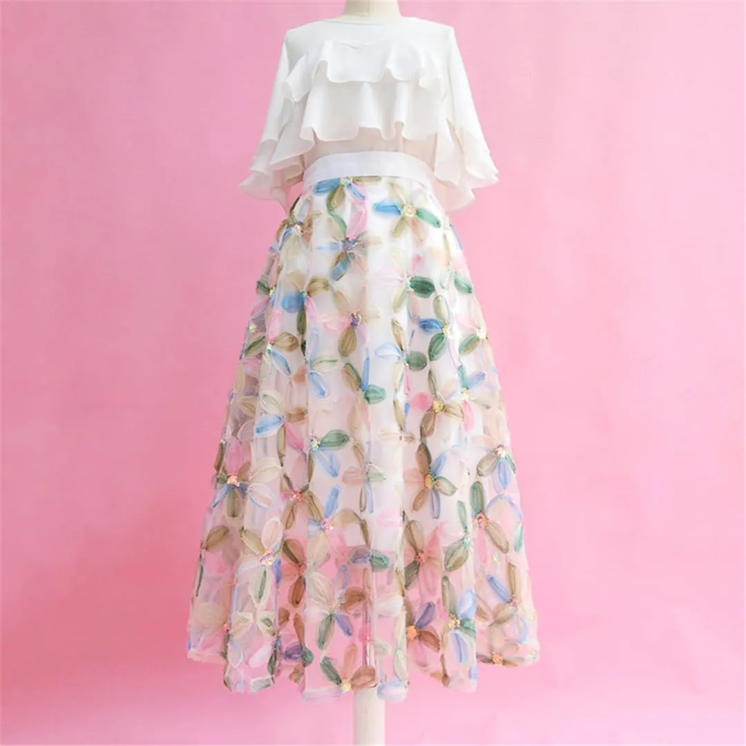 Spring Summer Fashion Vintage Elegant Female High Waisted Pleated Midi Tulle Skirt