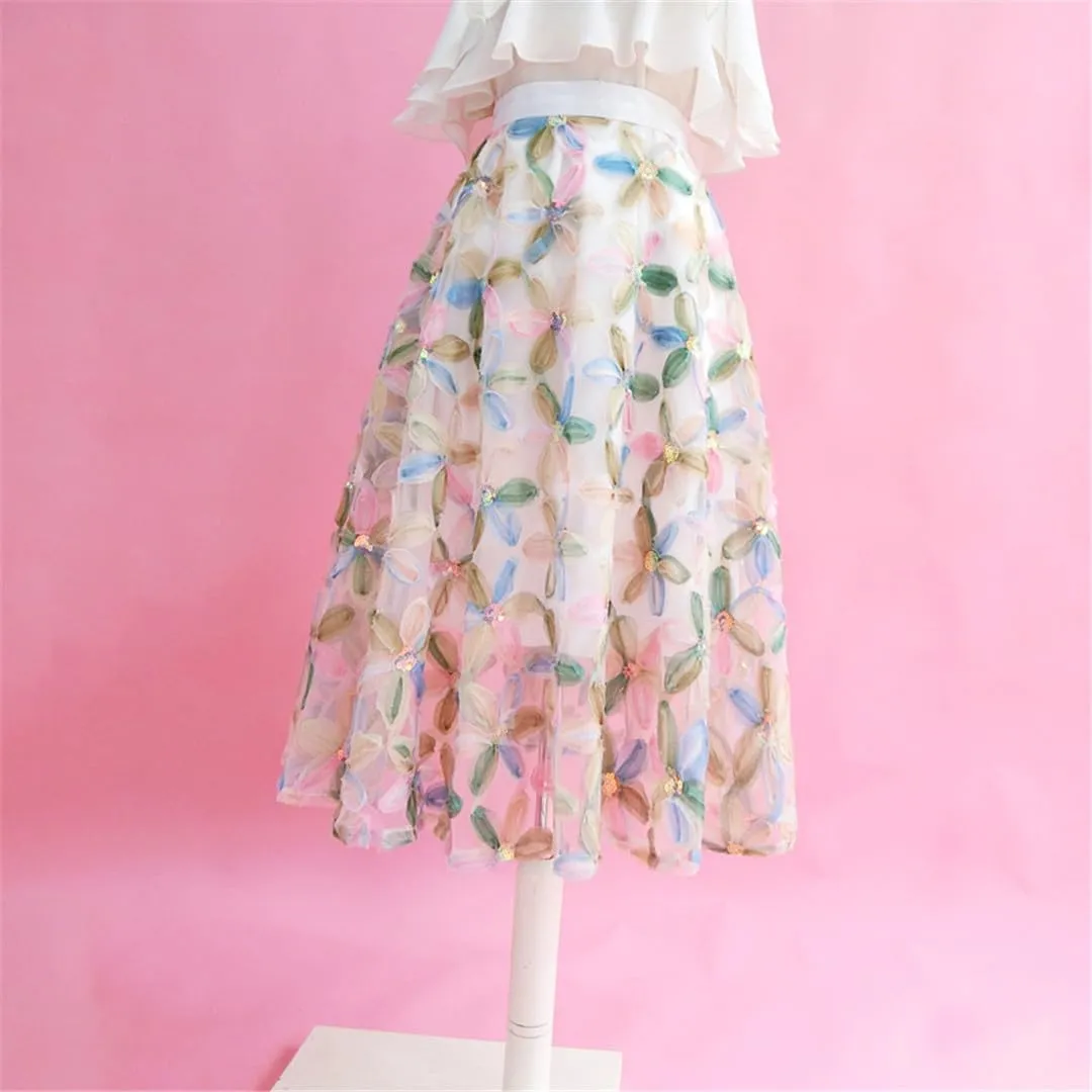 Spring Summer Fashion Vintage Elegant Female High Waisted Pleated Midi Tulle Skirt