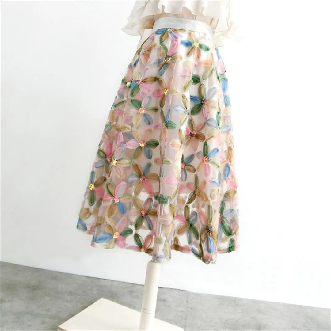 Spring Summer Fashion Vintage Elegant Female High Waisted Pleated Midi Tulle Skirt