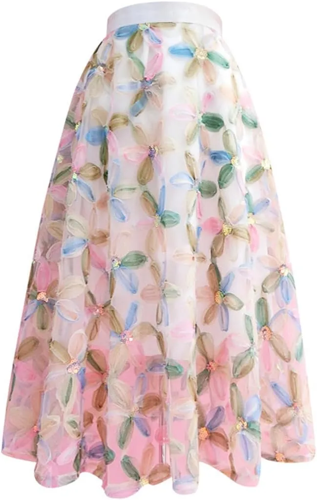 Spring Summer Fashion Vintage Elegant Female High Waisted Pleated Midi Tulle Skirt