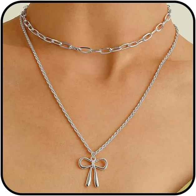 Stackable Gold Bow Pendant Necklaces for Woman Punk Layered Bowknot Choker Necklaces Charm Butterfly Knot Chain Necklaces Everyday Jewelry Accessories