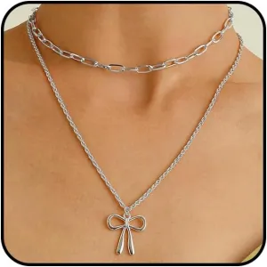Stackable Gold Bow Pendant Necklaces for Woman Punk Layered Bowknot Choker Necklaces Charm Butterfly Knot Chain Necklaces Everyday Jewelry Accessories