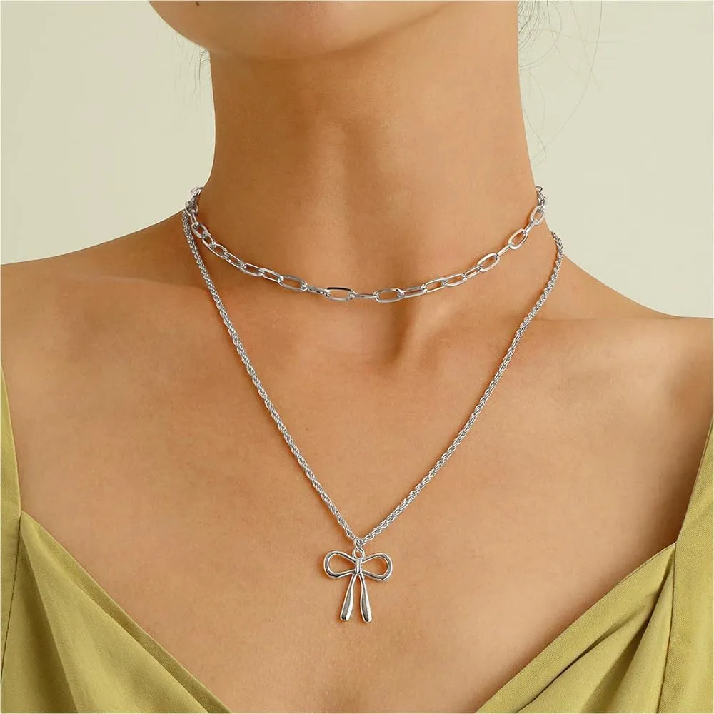 Stackable Gold Bow Pendant Necklaces for Woman Punk Layered Bowknot Choker Necklaces Charm Butterfly Knot Chain Necklaces Everyday Jewelry Accessories