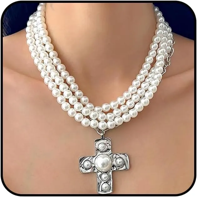 Stackable Pearl Cross Choker Necklaces for Women Punk Cross Beads Pendant Necklaces Layered Big Crucifix Necklaces Wedding Jewelry Accessories