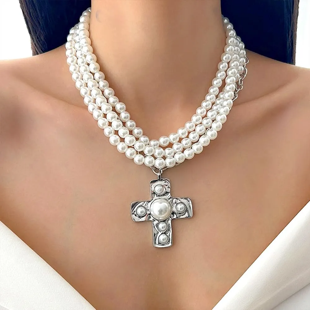 Stackable Pearl Cross Choker Necklaces for Women Punk Cross Beads Pendant Necklaces Layered Big Crucifix Necklaces Wedding Jewelry Accessories