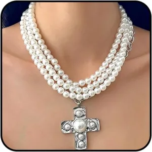 Stackable Pearl Cross Choker Necklaces for Women Punk Cross Beads Pendant Necklaces Layered Big Crucifix Necklaces Wedding Jewelry Accessories