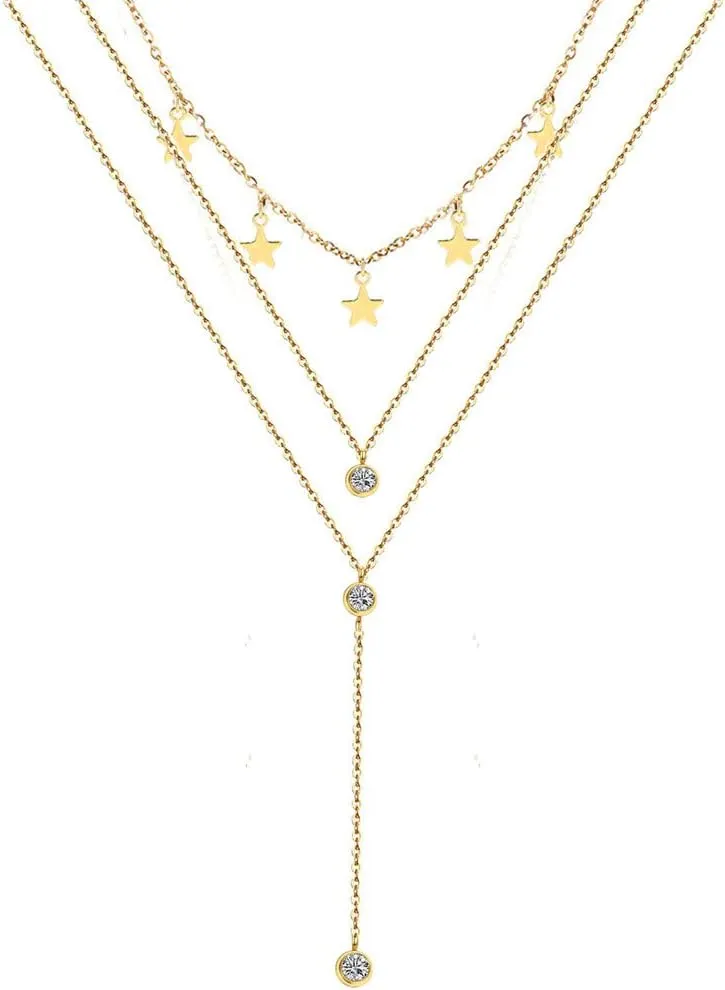 Stainless Steel Collar Necklaces 3 Layer Crystal Star Pendant Necklaces For Women Multilayer Star Necklaces Jewelry (1 layer silver- )