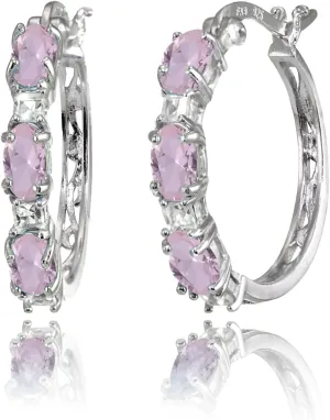 Sterling Silver Hoop Earrings, Birthstone Earrings, Oval and Princess Genuine or Synthetic Gemstone Earrings, Earrings for Women, Fashion Earrings, Trendy Earrings, Hoops Earrings for Women