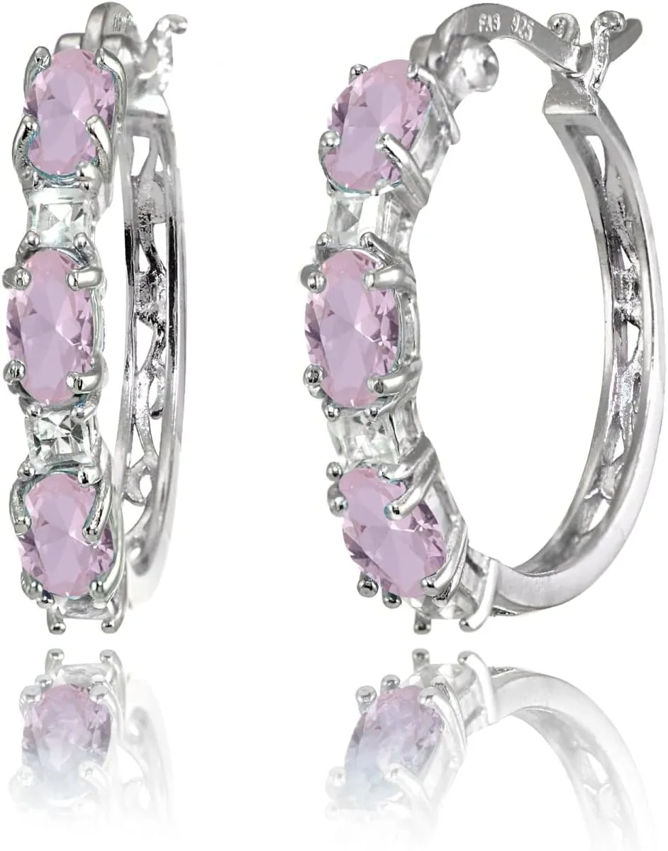 Sterling Silver Hoop Earrings, Birthstone Earrings, Oval and Princess Genuine or Synthetic Gemstone Earrings, Earrings for Women, Fashion Earrings, Trendy Earrings, Hoops Earrings for Women