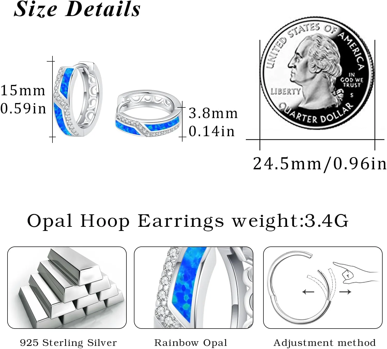 Sterling Silver Opal Huggie Hoop Earrings with Cubic Zirconia - Women's Jewelry Gifts