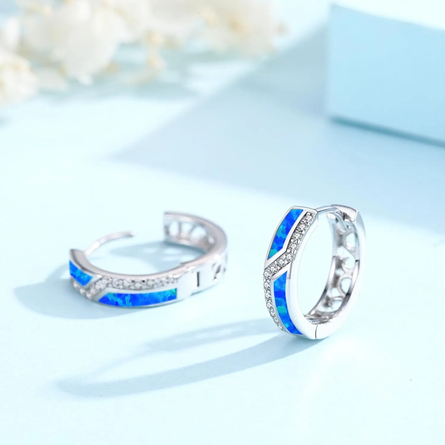 Sterling Silver Opal Huggie Hoop Earrings with Cubic Zirconia - Women's Jewelry Gifts