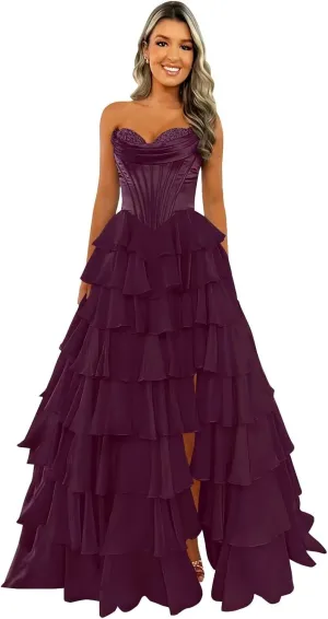 Strapless Corset Prom Dresses for Women 2025 Long Tiered Ruffle Chiffon Formal Dress Evening Gown with Slit
