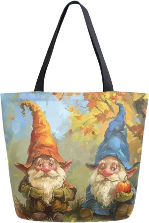 Stylish Extra Large Shoulder Grocery Tote Bag, Autumn Two Gnomes with Pumpkin Canvas Daily Handle Bag for Gym Weekender Beach Travel Kitchen Reusable Market Shopping