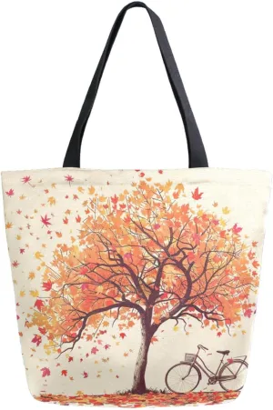 Stylish Extra Large Shoulder Grocery Tote Bag, Beautiful Tree Fall Leaves Bicycle Canvas Daily Handle Bag for Gym Weekender Beach Travel Kitchen Reusable Market Shopping
