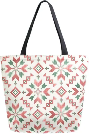 Stylish Extra Large Shoulder Grocery Tote Bag, Christmas Knitted Traditional Ethnic Pattern Canvas Daily Handle Bag for Gym Yoga Weekender Beach Travel Picnic Kitchen Reusable Market Shopping