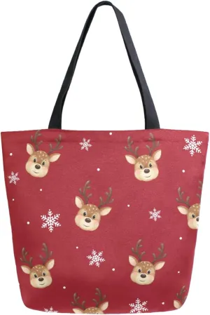 Stylish Extra Large Shoulder Grocery Tote Bag, Christmas Snowflakes Deers Red Canvas Daily Handle Bag for Gym Yoga Weekender Beach Travel Picnic Kitchen Reusable Market Shopping