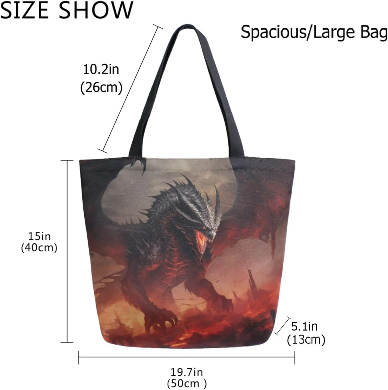 Stylish Extra Large Shoulder Grocery Tote Bag, Cool Black Dragon with Red Eyes Fantasy Canvas Daily Handle Bag for Gym Weekender Beach Travel Kitchen Reusable Market Shopping