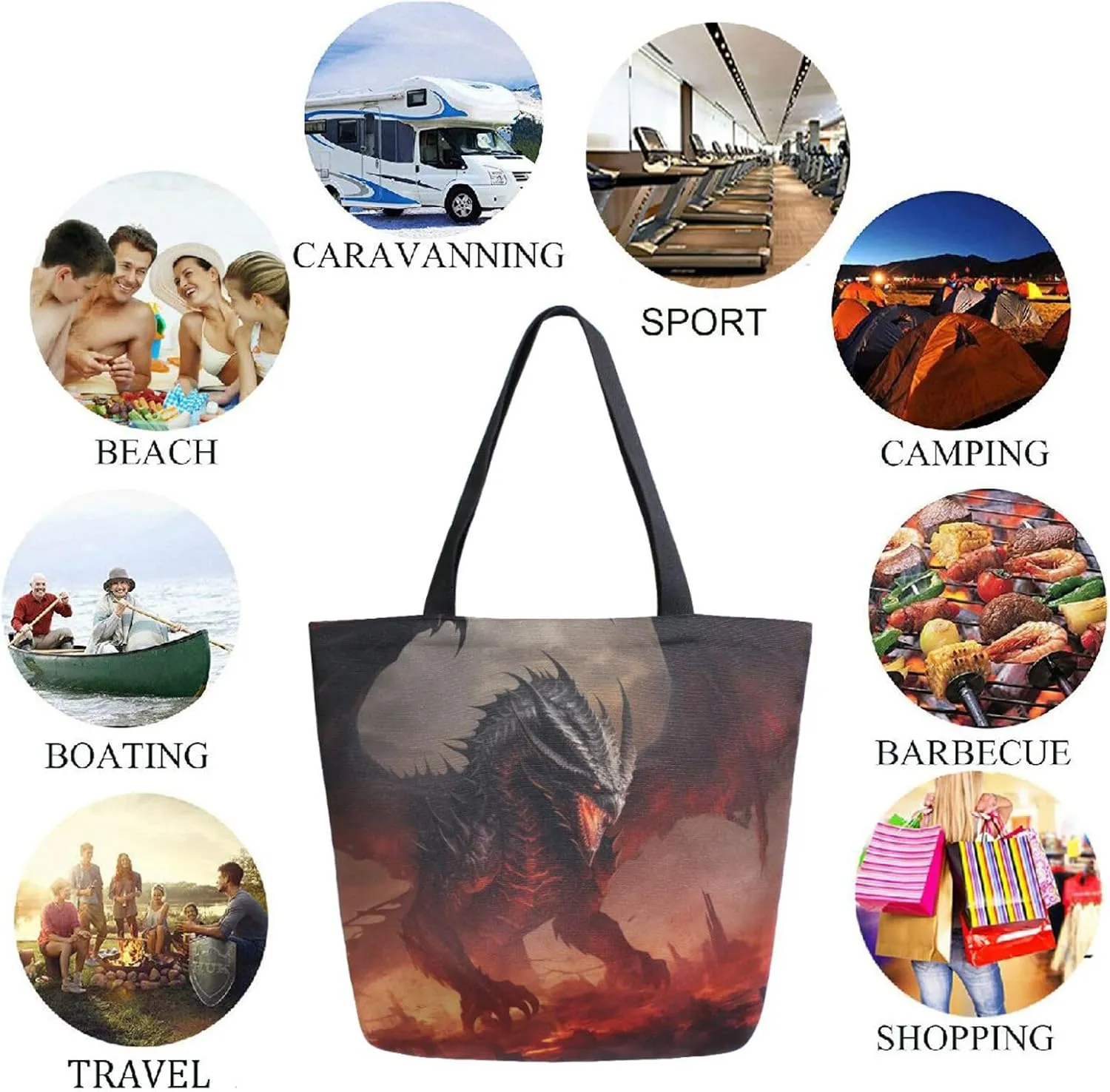 Stylish Extra Large Shoulder Grocery Tote Bag, Cool Black Dragon with Red Eyes Fantasy Canvas Daily Handle Bag for Gym Weekender Beach Travel Kitchen Reusable Market Shopping