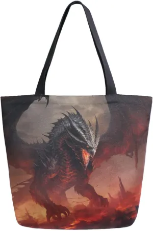 Stylish Extra Large Shoulder Grocery Tote Bag, Cool Black Dragon with Red Eyes Fantasy Canvas Daily Handle Bag for Gym Weekender Beach Travel Kitchen Reusable Market Shopping