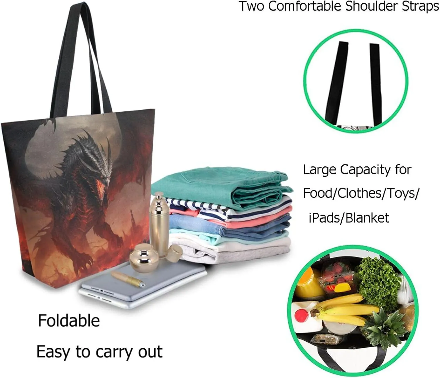 Stylish Extra Large Shoulder Grocery Tote Bag, Cool Black Dragon with Red Eyes Fantasy Canvas Daily Handle Bag for Gym Weekender Beach Travel Kitchen Reusable Market Shopping