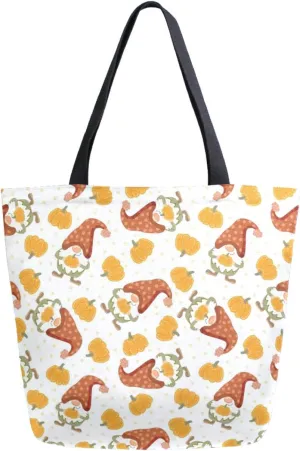 Stylish Extra Large Shoulder Grocery Tote Bag, Funny Gnomes in Pumpkin Autumn Canvas Daily Handle Bag for Gym Yoga Weekender Beach Travel Picnic Kitchen Reusable Market Shopping