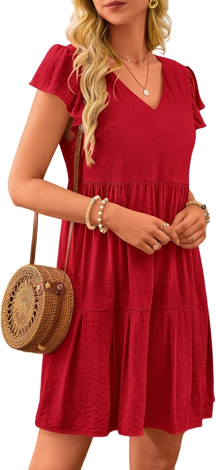 Summer Beach Dresses for Women A-Line Swing Tiered Dress Casual V Neck Ruffle Cap Sleeve Mini Dresses with Pockets