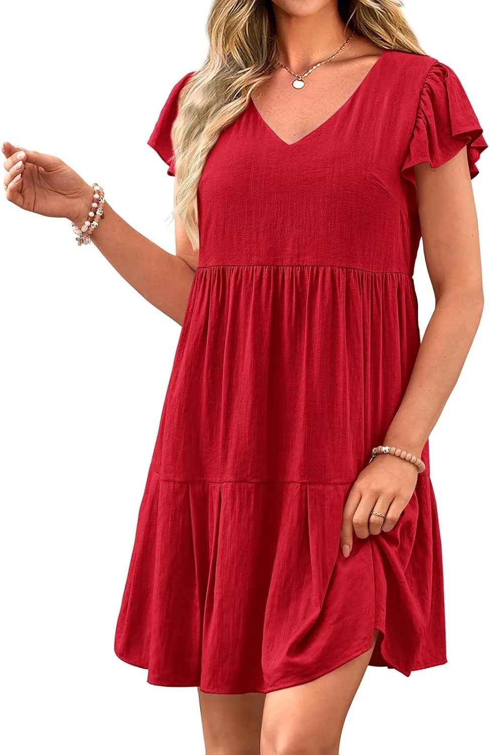 Summer Beach Dresses for Women A-Line Swing Tiered Dress Casual V Neck Ruffle Cap Sleeve Mini Dresses with Pockets