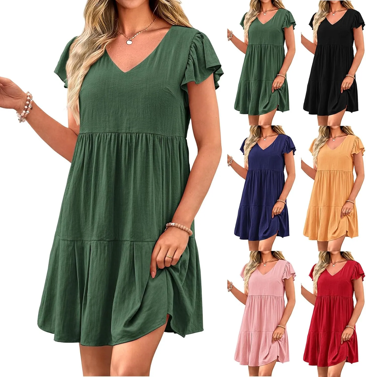 Summer Beach Dresses for Women A-Line Swing Tiered Dress Casual V Neck Ruffle Cap Sleeve Mini Dresses with Pockets