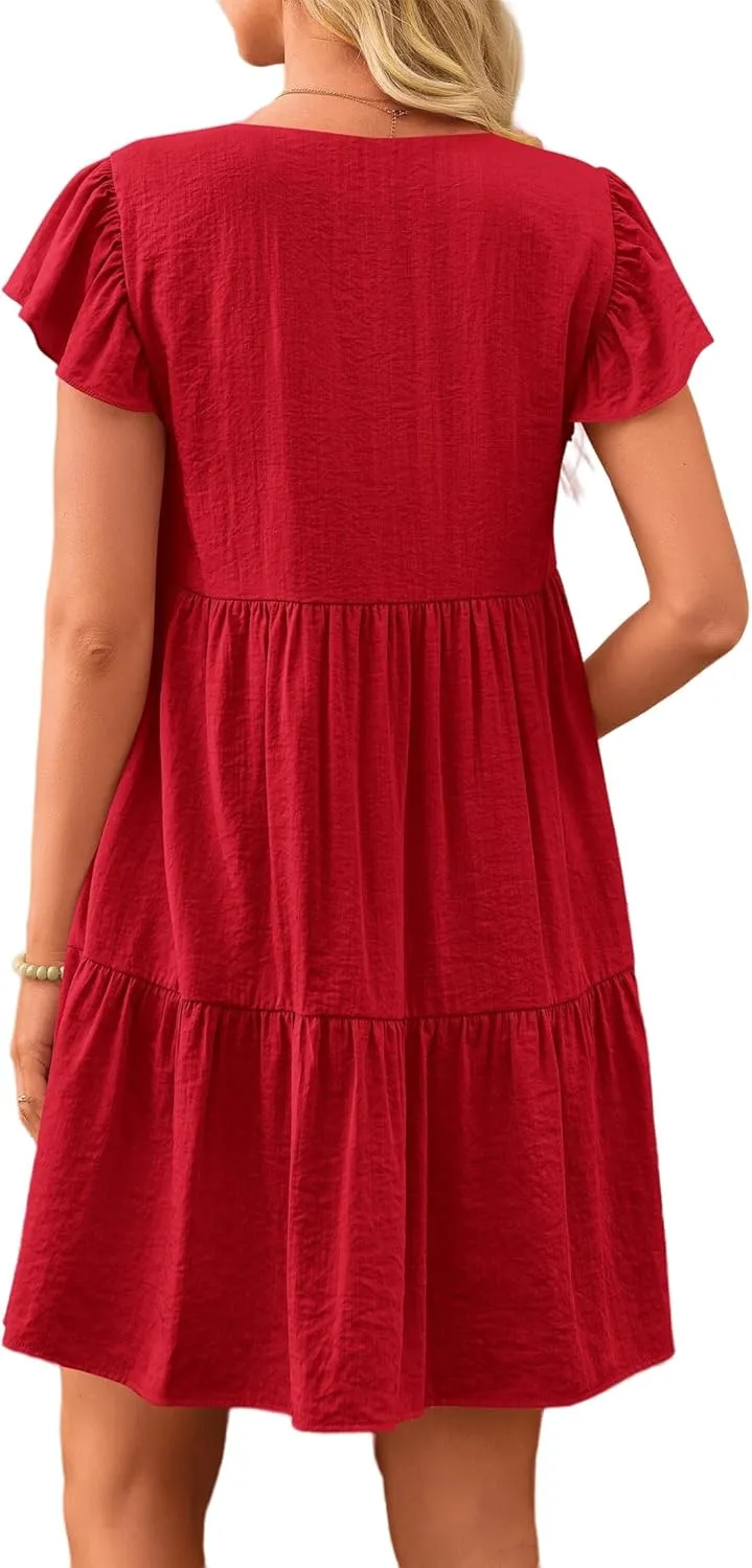 Summer Beach Dresses for Women A-Line Swing Tiered Dress Casual V Neck Ruffle Cap Sleeve Mini Dresses with Pockets