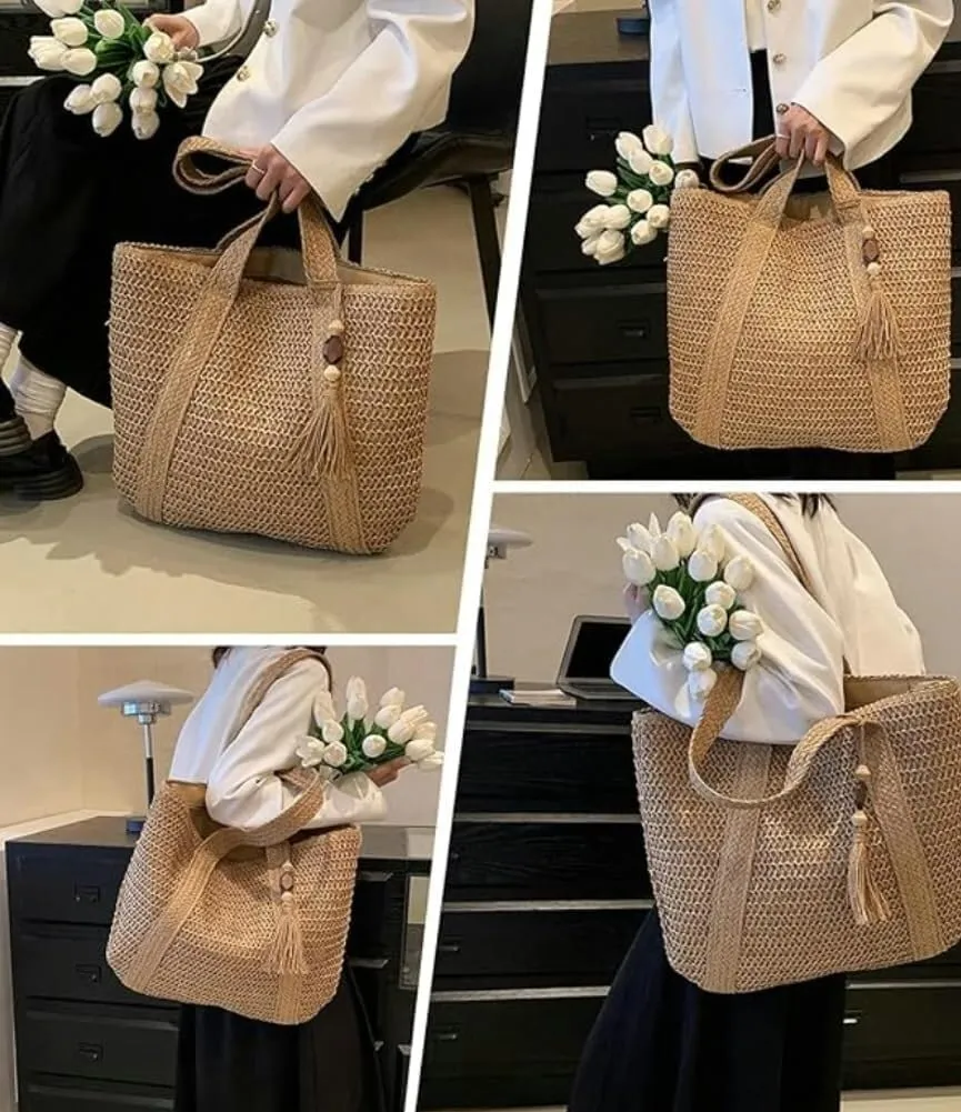 Summer Beach Women's Large Hand-woven Straw Shoulder Hobo Tote Net Bag with Tassels and Top Handle Purse Style